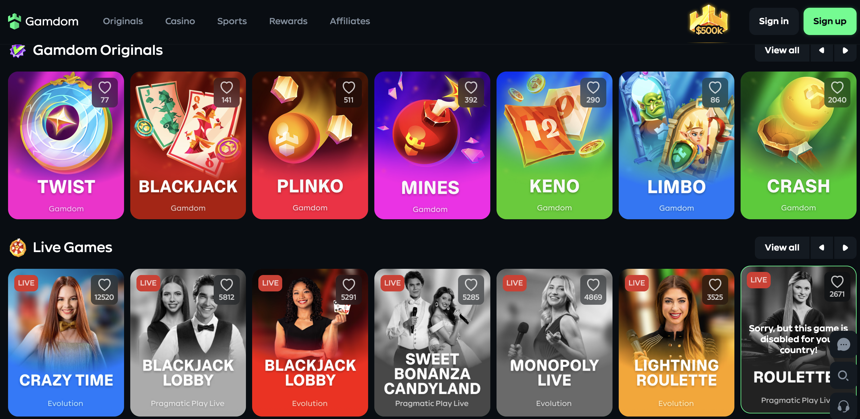 Gamdom casino lobby